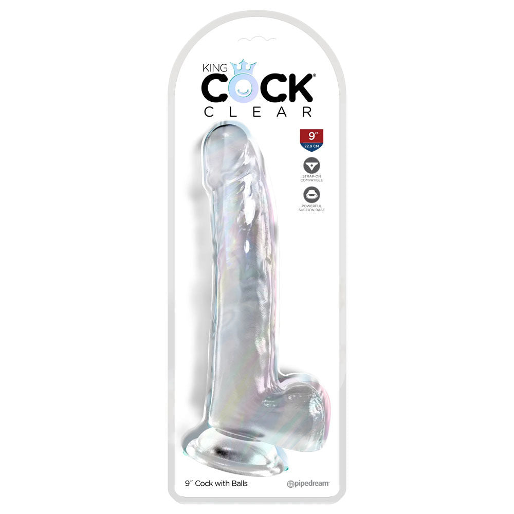 King cock  9''  clear dildo with balls -  box front view | Flirtybay-adult-store-australia